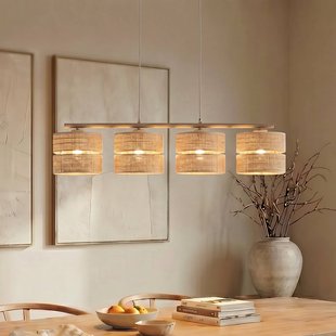 TK Lighting Hanglamp Calma, 4-lamps, beige, raffia, lengte 95 cm