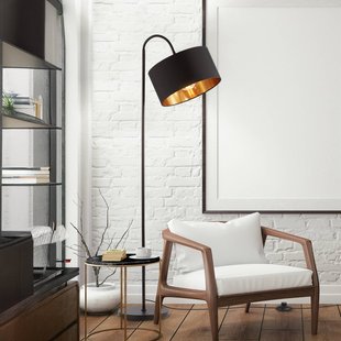 B.K. Licht Vloerlamp Kari, gebogen, zwart/goud, textiel, E27
