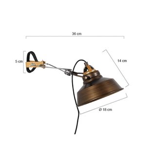 Mexlite Wandlamp Nove, brons, metaal, kabel, stekker, E27