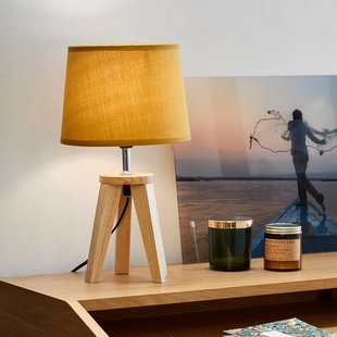 COREP Tafellamp Yoga, mosterdgeel/licht hout, 34 cm, katoen/hout