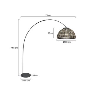 Anne Light Booglamp Curve, zwart, kap van bamboevlechtwerk Ø 60 cm