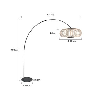 Anne Light Booglamp Curve, zwart, kap met bamboestangen, Ø 60 cm