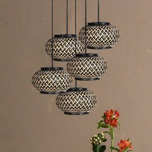 Steinhauer Hanglamp NoxLight, 5-lamps, rond, zwart, bamboevlechtwerk