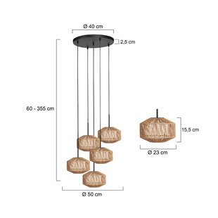 Anne Light Hanglamp Ropex 4525, 5-lamps, rond, zwart, kabel bruin
