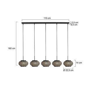 Steinhauer Hanglamp NoxLight, 5-lamps, lang, zwart, bamboevlechtwerk