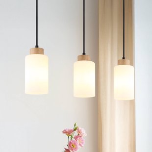 Globo Hanglamp Rowena, licht hout/wit, glas, 3-lamps, E27