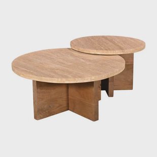Giga Meubel Salontafel Leno Rond - Travertin/Hout - Naturel - Set van 2