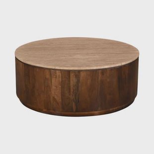 Giga Meubel Salontafel Elan Rond - Travertin - Walnoot - 90x90x35cm