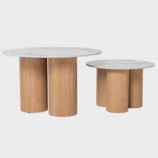 Giga Meubel Salontafel Alita - Wit Keramiek/Naturel - Ø70/50x42/32cm