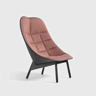 HAY Uchiwa Quilt loungestoel 12 Clementine–zwart eiken–zwart leer