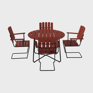 Grythyttan Stålmöbler 9A eettafel Ø100 cm + 4 A2 fauteuils, donkerrood eiken-zwart onderstel
