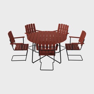 Grythyttan Stålmöbler 9A eettafel Ø120 cm + 5 A2 fauteuils, donkerrood eiken-zwart onderstel