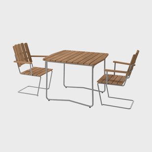 Grythyttan Stålmöbler B31 tafel 92 cm + 2 A2 fauteuils, teak-thermisch verzinkt onderstel