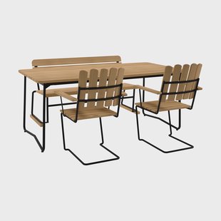 Grythyttan Stålmöbler B31 tafel 170 cm + 2 A2 fauteuils + bank 3, geolied eiken-zwart onderstel