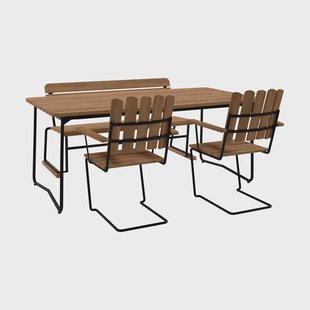 Grythyttan Stålmöbler B31 tafel 170 cm + 2 A2 fauteuils + bank 3, teak-zwart onderstel