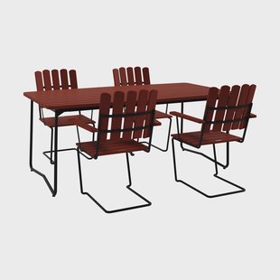 Grythyttan Stålmöbler B31 tafel 170 cm + 4 A2 fauteuils, donkerrood eiken-zwart onderstel