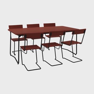 Grythyttan Stålmöbler B31 tafel 170 cm + 6 Stoel 1, donkerrood eiken-zwart onderstel