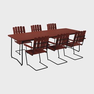 Grythyttan Stålmöbler B31 tafel 230 cm + 6 A2 fauteuils, donkerrood eiken-zwart onderstel