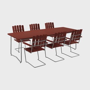 Grythyttan Stålmöbler B31 tafel 230 cm + 6 A2 fauteuils, donkerrood-thermisch verzinkt onderstel