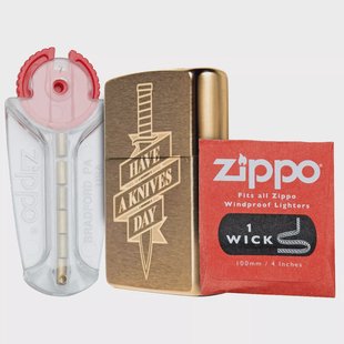 Knivesandtools Zippo Brass Brushed Knife, messing, aansteker met extra Flint en Lont