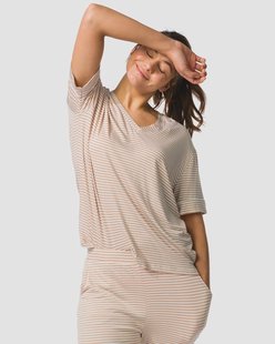 HEMA Damespyjamatop jersey strepen beige (beige)