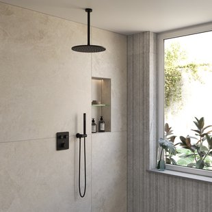 BWS Inbouw Regendouche | Sensa | Mat Zwart PVD | Plafonduitloop | 30cm Hoofddouche met Handdouche | Drukknoppen