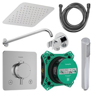 Regendouche Inbouw Hansgrohe Ecostat Wanduitloop met Handdouche en Hoofddouche 20 cm Thermostaat Vierkant Afgerond Chroom