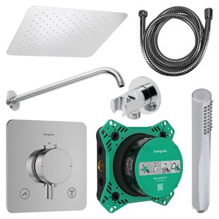 Regendouche Inbouw Hansgrohe Ecostat Wanduitloop met Handdouche en Hoofddouche 30 cm Thermostaat Vierkant Afgerond Chroom