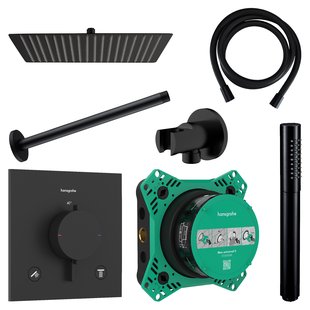 Regendouche Inbouw Hansgrohe Ecostat Plafonduitloop met Handdouche en Hoofddouche 20 cm Thermostaat Vierkant Mat Zwart