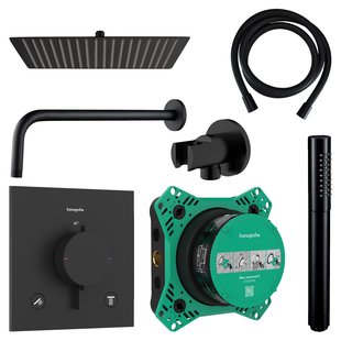Regendouche Inbouw Hansgrohe Ecostat Wanduitloop met Handdouche en Hoofddouche 20 cm Thermostaat Vierkant Mat Zwart