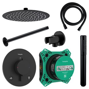 Regendouche Inbouw Hansgrohe Ecostat Plafonduitloop met Handdouche en Hoofddouche 30 cm Thermostaat Rond Mat Zwart