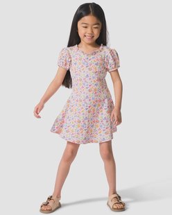 HEMA Kinderjurk A-lijn rib bloemen lichtpaars (lichtpaars)