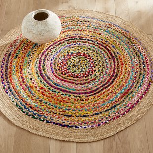 Vloerkleed in jute en recycled katoen ø150 cm, Jaco