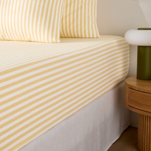Hoeslaken katoen, omslag 30 cm, geweven-geverfde strepen, SOIZIC JAUNE