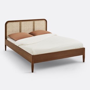 Bed met lattenbodem, noten gebeitst, massief eiken, gefineerd en met riet, MADARA
