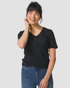 HEMA Dames T-shirt slim fit v-hals zwart (zwart)