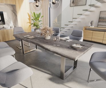 DELIFE Eettafel Edge 260x100 XL acacia platina roestvrijstaal smal Live-Edge