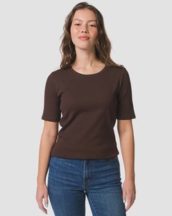 HEMA Dames T-shirt Clara regular fit rib donkerbruin (donkerbruin)