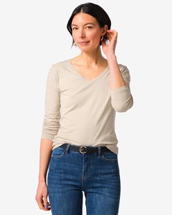 HEMA Dames T-shirt slim fit v-hals zand (zand)