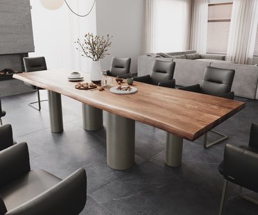 DELIFE Eetkamertafel Edge 300x100 XL acacia bruin Pilier metaal effectafwerking titaan Live-Edge