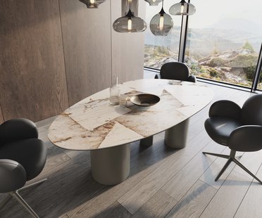 DELIFE Eettafel Edge Oval 220x120 keramiek  Iris FMG Patagonia Lappato Troa metaal effectafwerking Titan