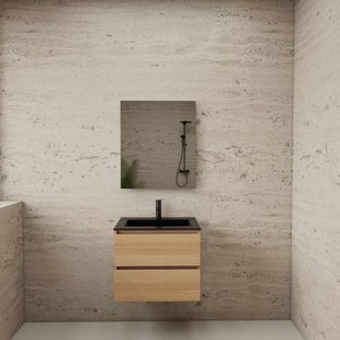 ACTIE BWS Badmeubel | Paris | Naturel Eiken 60 cm | Mat Zwart Wastafel | 1 Kraangat
