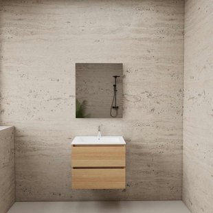 ACTIE BWS Badmeubel | Paris | Naturel Eiken 60 cm | Hoogglans Wit Wastafel | 1 Kraangat
