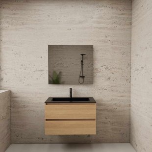 ACTIE BWS Badmeubel | Paris | Naturel Eiken 80 cm | Mat Zwart Wastafel | 1 Kraangat