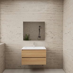 ACTIE BWS Badmeubel | Paris | Naturel Eiken 80 cm | Mat Wit Wastafel | 1 Kraangat