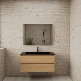ACTIE BWS Badmeubel | Paris | Naturel Eiken 100 cm | Mat Zwart Wastafel | 1 of 2 Kraangaten