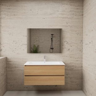 ACTIE BWS Badmeubel | Paris | Naturel Eiken 100 cm | Hoogglans Wit Wastafel | 1 of 2 Kraangaten