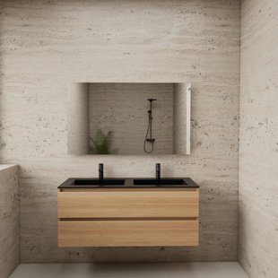 ACTIE BWS Badmeubel | Paris | Naturel Eiken 120 cm | Mat Zwart Wastafel | 2 Kraangaten