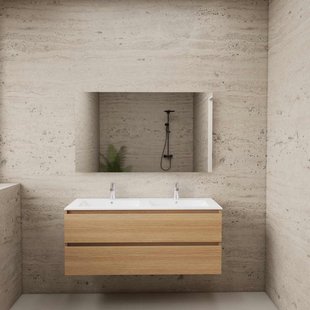 ACTIE BWS Badmeubel | Paris | Naturel Eiken 120 cm | Mat Wit Wastafel | 2 Kraangaten