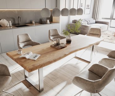 DELIFE Eettafel Edge 280x100cm XL acacia natuur roestvrijstaal smal Live-Edge